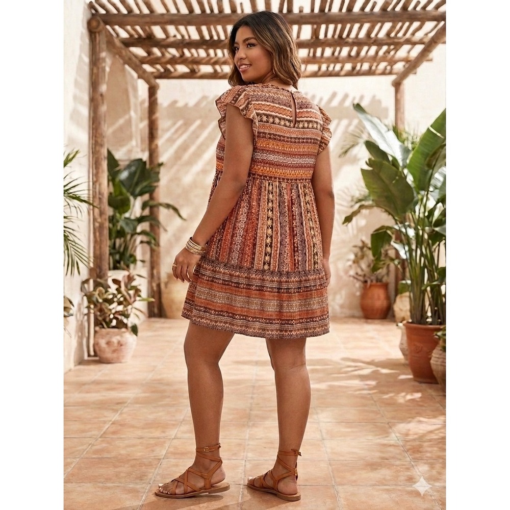 Shein Womens Boho Geometric Floral Print Tiered Ruffle Mini Babydoll Dress Small